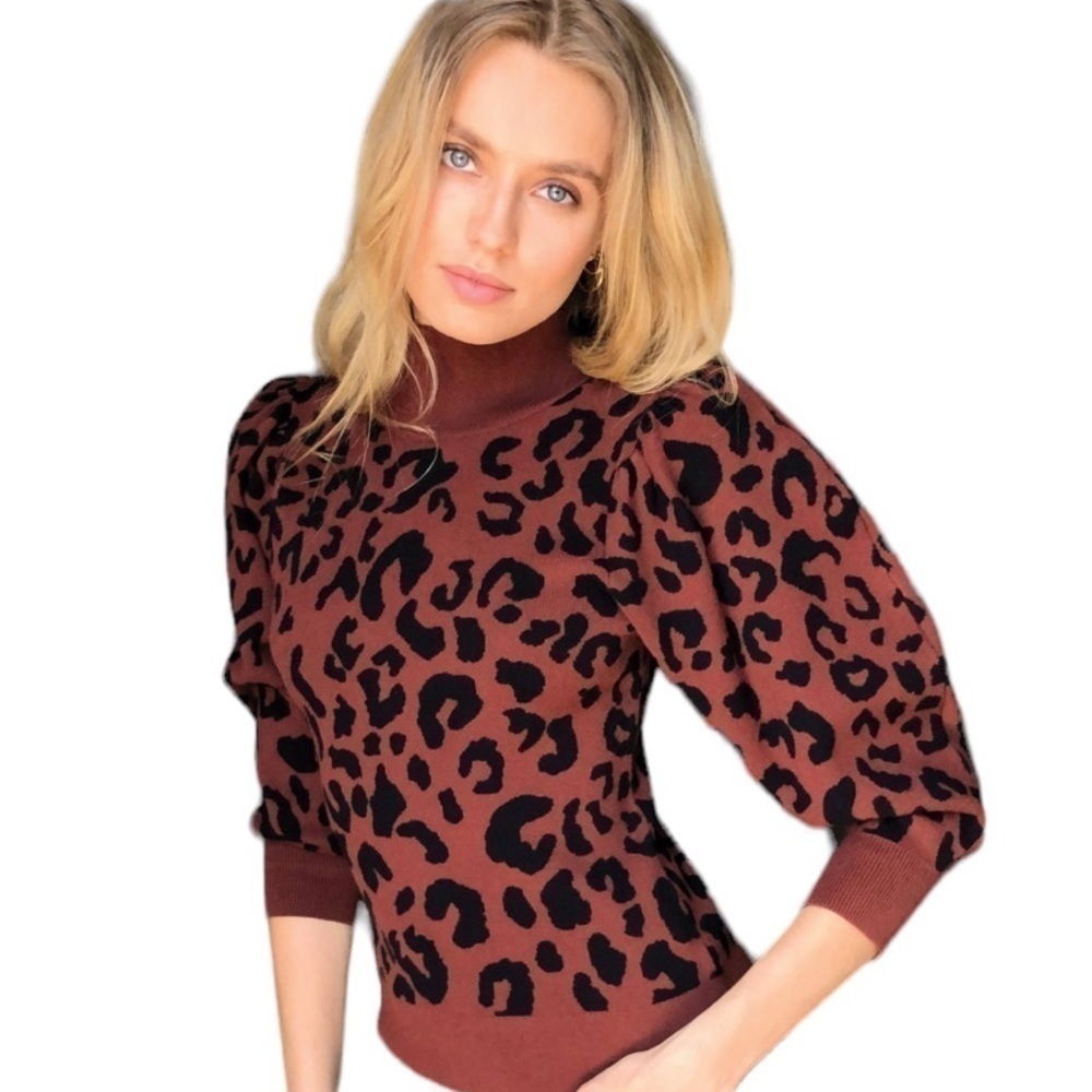 525 Revolve Born In Bklyn Leopard Print Mock Neck Puff Sleeve Sweater. Sm #909